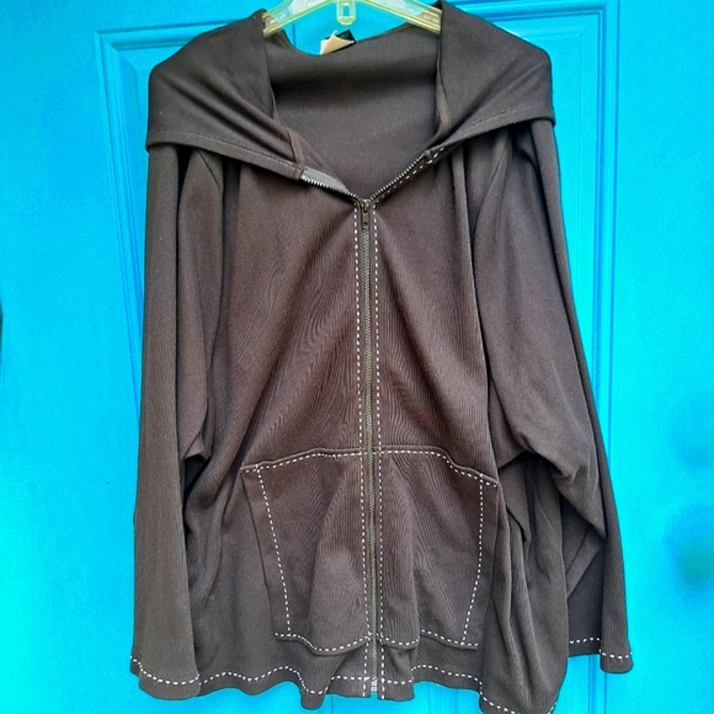 4X Knit Hoodie Zipper Front Black w White Dotted Trim and Pockets Size 4X